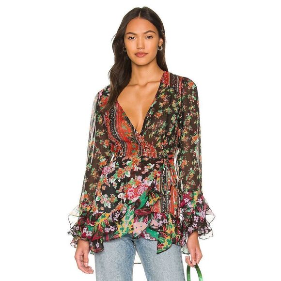 New Free People Magic Hour Wrap Top in Black Combo Size XS.. - Picture 1 of 9